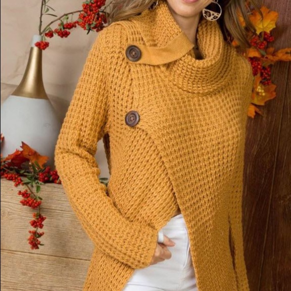Main Strip Cowl Neck Asymmetric Button Sweater, Camel